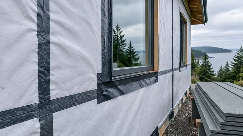 Illustrative: weather-resistive barrier and window flashing detail during coastal siding work — illustrative only, not a real job photo