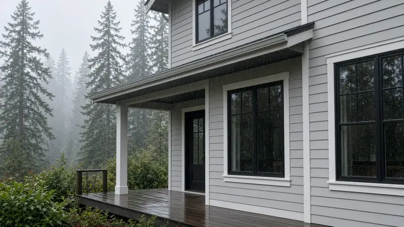 Illustrative: Edmonds, Washington — a finished coastal house clad in fiber-cement siding, rainy daylight — not a real Board of Project Stewardship job photo