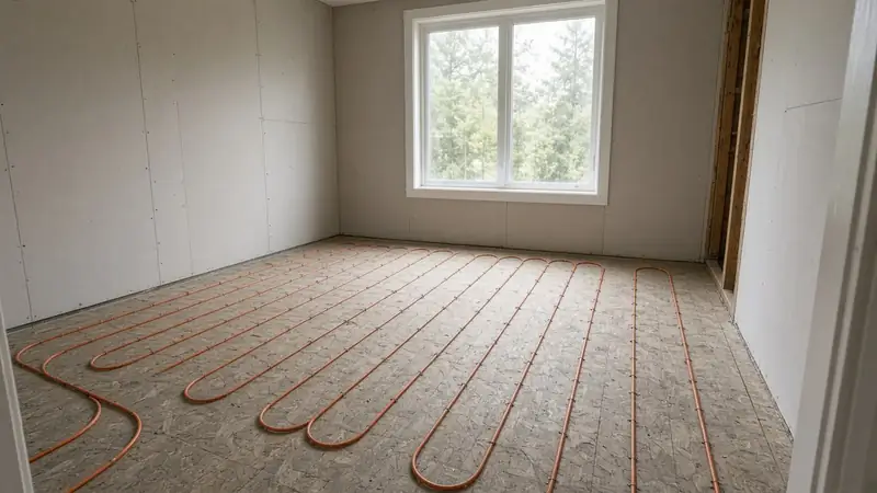 Illustrative: Bothell, Washington — a bathroom floor prepared for tile over heat cable, bright coastal haze — not a real Board of Project Stewardship job photo