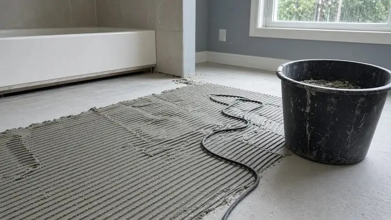 Illustrative: Bothell, Washington — a bathroom floor with heat cable and thinset ridges, rainy daylight — not a real Board of Project Stewardship job photo