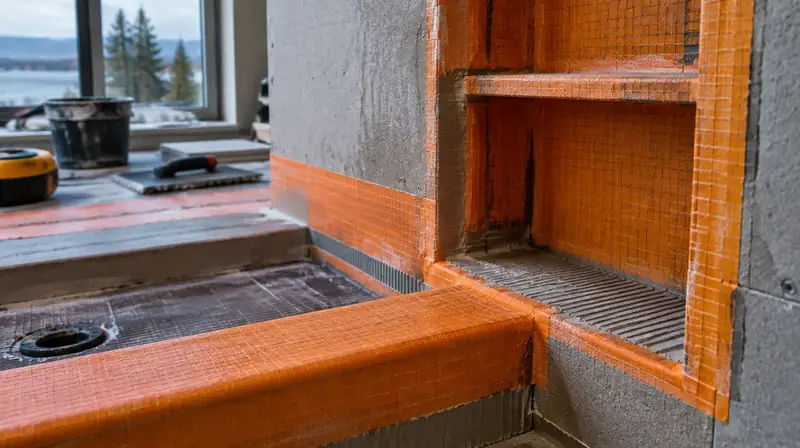 Illustrative: close-up of bathroom waterproofing membrane at shower curb and niche — illustrative only, not a real job photo