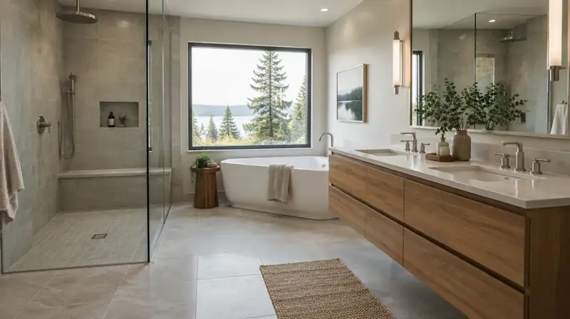Illustrative: finished primary bathroom with walk-in shower and floating vanity — illustrative only, not a real job photo
