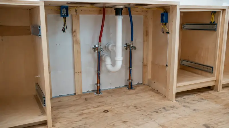 Illustrative: close-up of kitchen plumbing and electrical rough-in behind open cabinet boxes — illustrative only, not a real job photo
