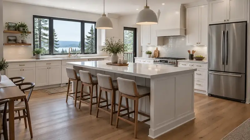 Illustrative: finished Pacific Northwest kitchen with shaker cabinets and quartz island — illustrative only, not a real job photo