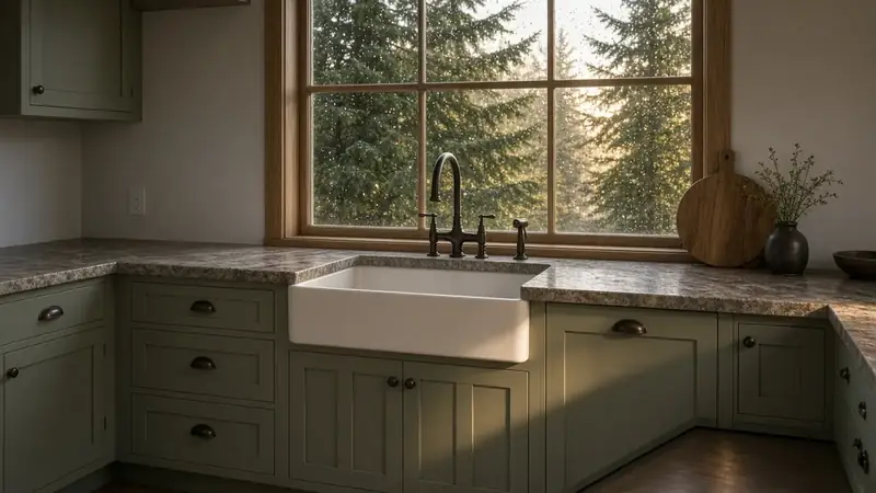 Illustrative: Bothell, Washington — a finished kitchen with a farmhouse sink under a rain-streaked window, late afternoon sun — not a real Board of Project Stewardship job photo