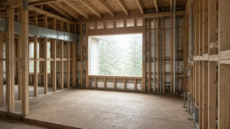 Illustrative: Bothell, Washington — a kitchen at rough-in with open studs and a metal range-hood duct, bright coastal haze — not a real Board of Project Stewardship job photo