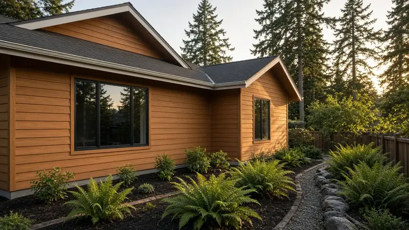 Illustrative: Mountlake Terrace, Washington — a house with a new one-story addition and a matching roof, late afternoon sun through firs — not a real Board of Project Stewardship job photo