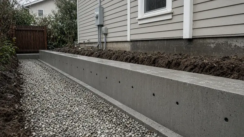Illustrative: Mountlake Terrace, Washington — a new foundation and stem wall beside an existing house, rainy daylight — not a real Board of Project Stewardship job photo