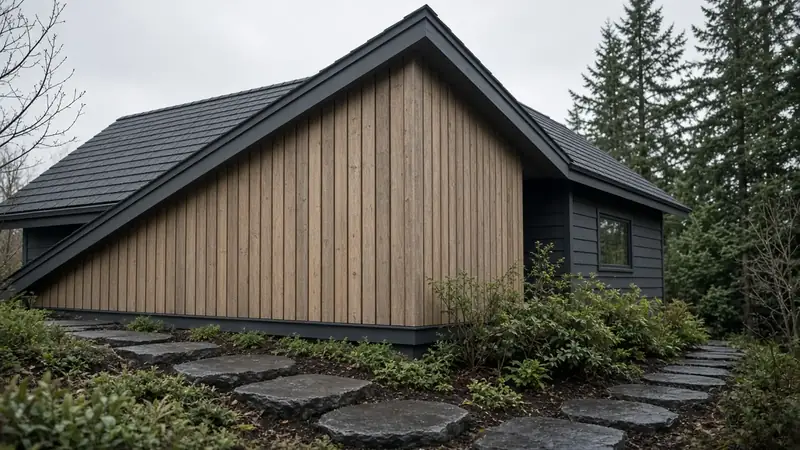 Illustrative: Mountlake Terrace, Washington — a one-story addition corner with board-and-batten, soft overcast morning light — not a real Board of Project Stewardship job photo