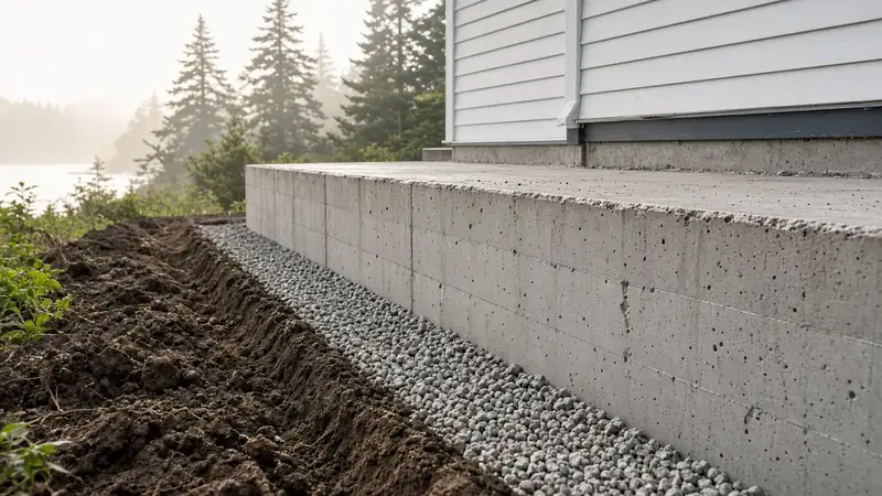 Illustrative: Mountlake Terrace, Washington — a foundation stem wall and drainage trench in coastal haze — not a real Board of Project Stewardship job photo