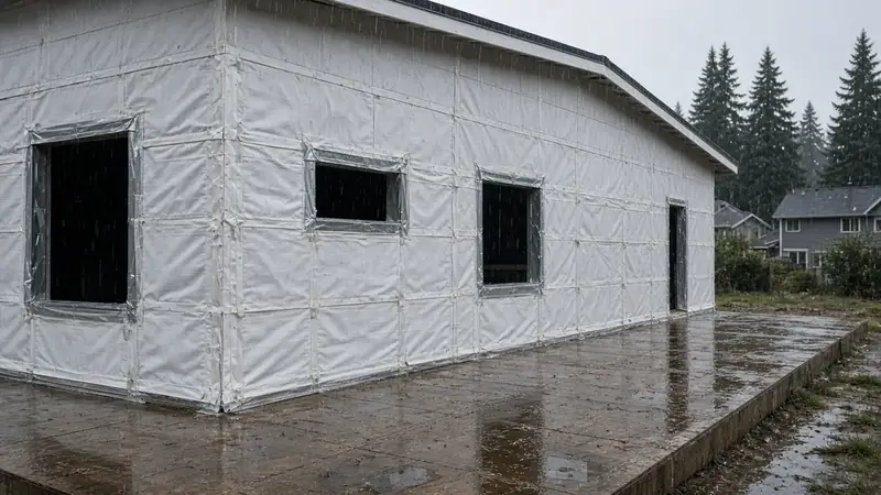 Illustrative: Mountlake Terrace, Washington — an addition wrapped in weather barrier in the rain — not a real Board of Project Stewardship job photo
