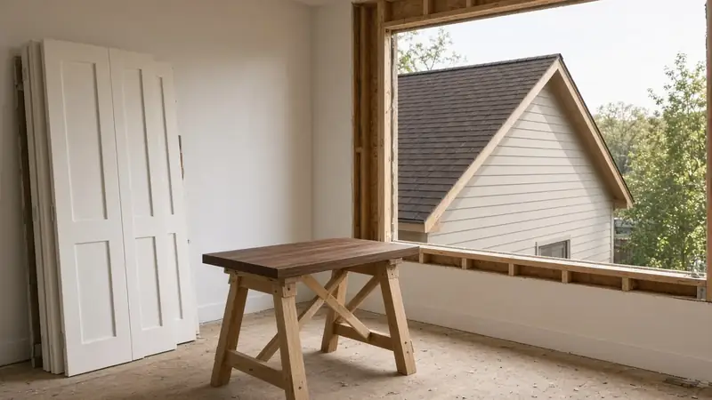 Illustrative: Mountlake Terrace, Washington — addition interior with shaker doors and a view of the new roof, soft morning light — not a real Board of Project Stewardship job photo