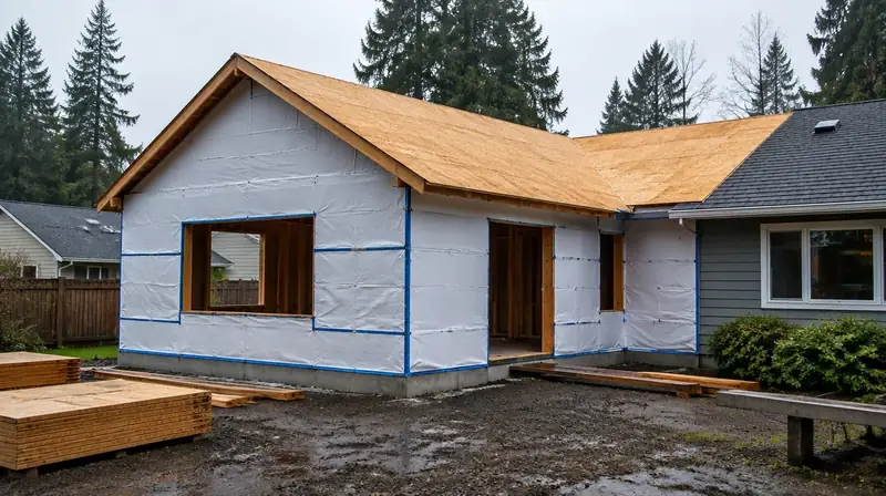 Illustrative: nearly weatherproofed Pacific Northwest home addition with roof sheathing and housewrap underway — illustrative only, not a real job photo