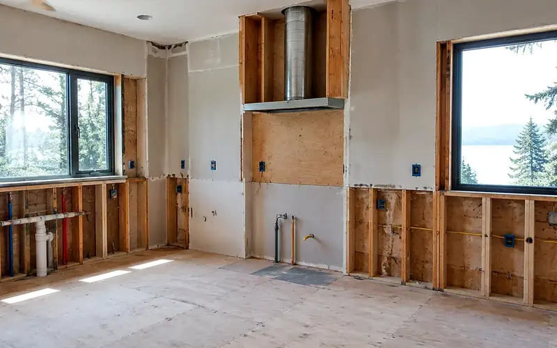 Illustrative: kitchen rough-in with open studs, range-hood duct chase, and plumbing stub-outs — illustrative only, not a real Board of Project Stewardship job photo