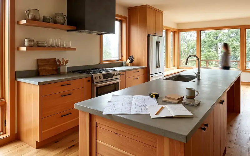 Illustrative: finished Pacific Northwest kitchen with island plans and material samples staged for layout review — illustrative only, not a real Board of Project Stewardship job photo