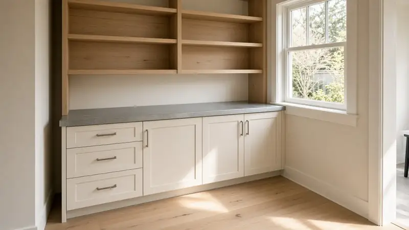 Illustrative: Kenmore, Washington — a kitchen pantry with open oak shelves and a zinc counter, pale winter sun — not a real Board of Project Stewardship job photo