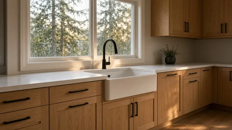 Illustrative: Kenmore, Washington — a finished kitchen with a farmhouse sink under a rain-streaked window, late afternoon sun through firs — not a real Board of Project Stewardship job photo