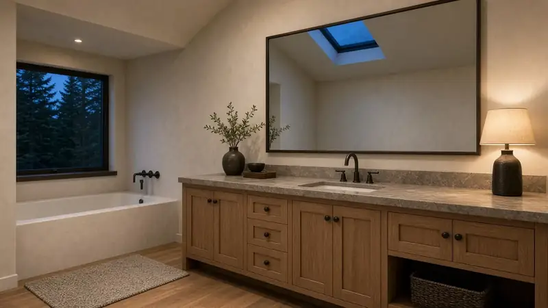 Illustrative: Mill Creek, Washington — a bathroom vanity and wide mirror reflecting only the empty room, blue hour — not a real Board of Project Stewardship job photo