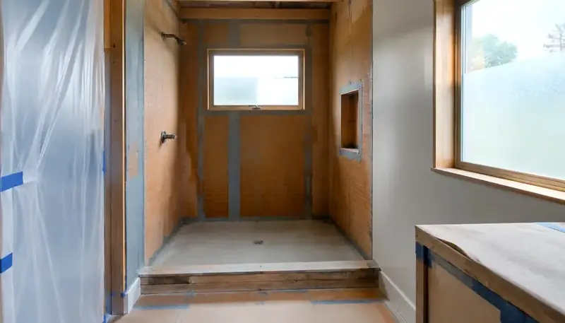 Illustrative: finished Pacific Northwest bathroom layout with vanity and shower context — illustrative only, not a real Board of Project Stewardship job photo