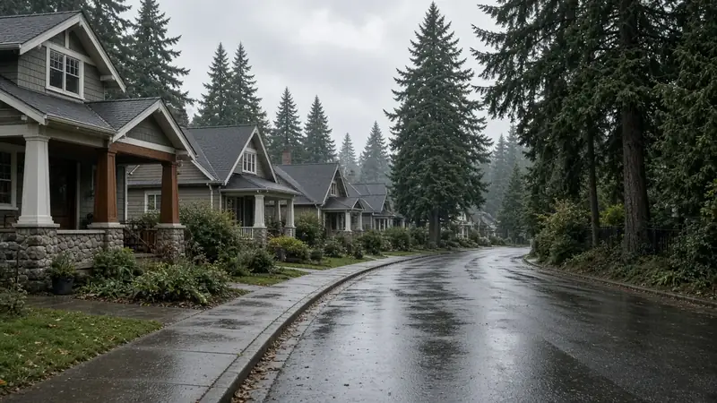 Illustrative: Edmonds, Washington — a quiet residential street of craftsman homes under overcast light — not a real Board of Project Stewardship job photo
