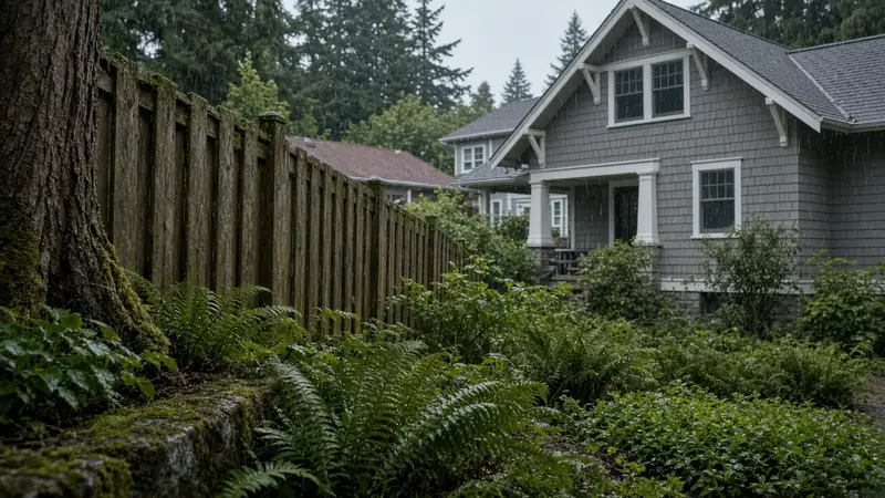 Illustrative: Edmonds, Washington — bungalows seen from a mossy side yard in the rain — not a real Board of Project Stewardship job photo