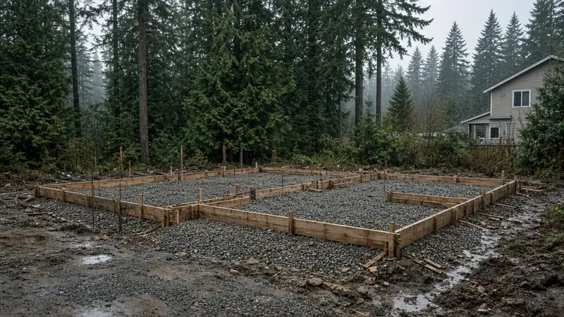 Illustrative: Edmonds, Washington — early foundation forms and framing on a residential lot, rainy daylight — not a real Board of Project Stewardship job photo