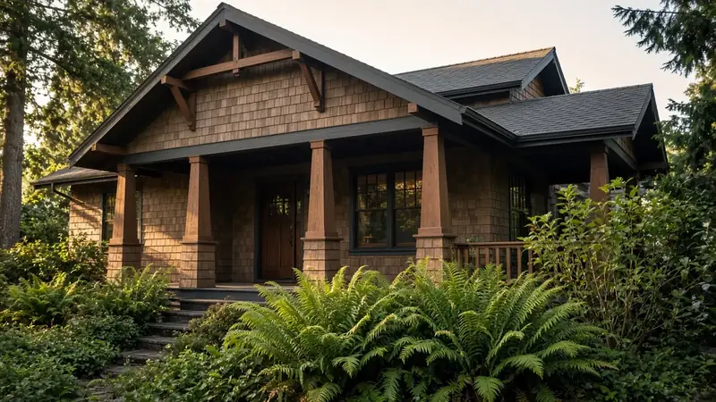 Illustrative: Edmonds, Washington — a craftsman house with a deep porch and a fern garden — not a real Board of Project Stewardship job photo