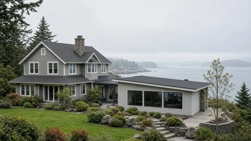 Illustrative: Mukilteo, Washington — a bluff house with a new addition framed beside it, marine haze — not a real Board of Project Stewardship job photo