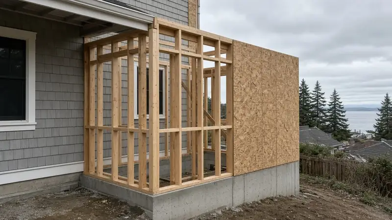 Illustrative: Mukilteo, Washington — addition wall framing beside the existing house, overcast coastal light — not a real Board of Project Stewardship job photo