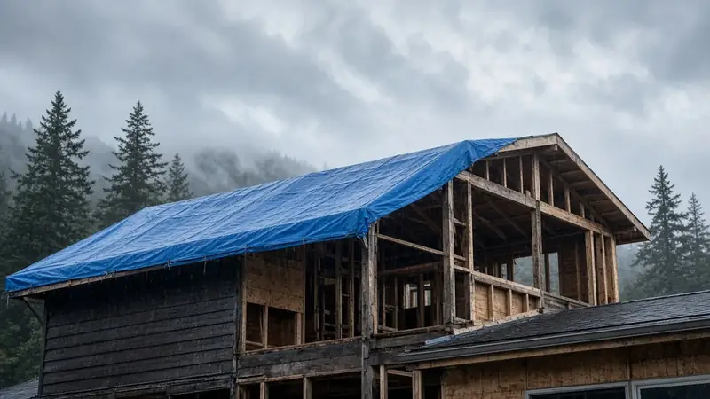 Illustrative: Mukilteo, Washington — a temporary roof tarp over an open addition, marine clouds — not a real Board of Project Stewardship job photo