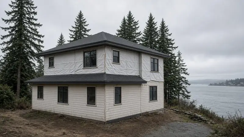 Illustrative: Mukilteo, Washington — a two-story house with weather barrier on the new upper walls — not a real Board of Project Stewardship job photo