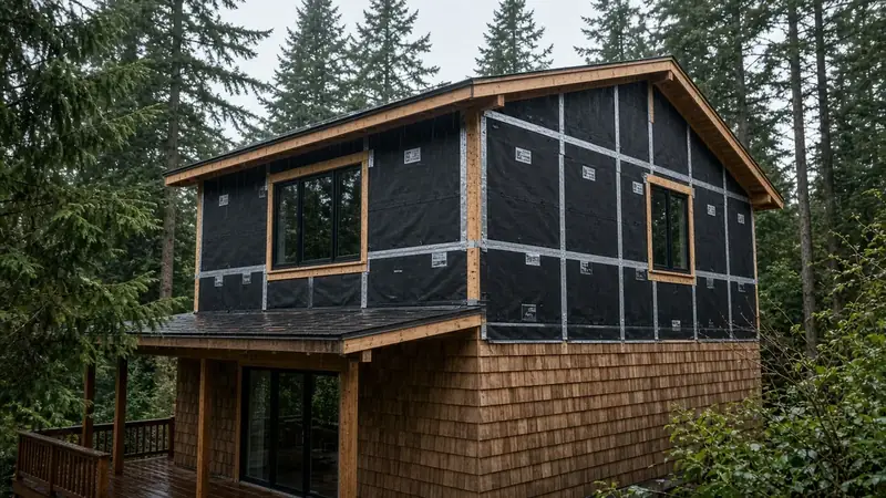 Illustrative: second-story addition with dark horizontal siding and a gable roof — not a real Board job photo