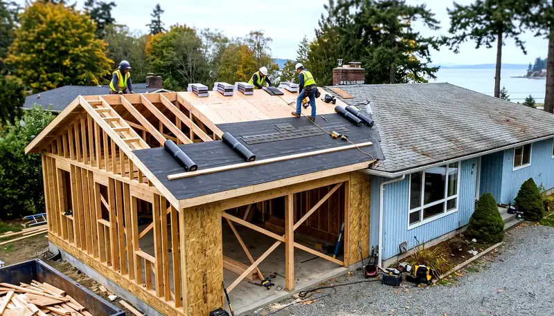 Illustrative: close-up of weatherproof sheathing and roof dry-in staging on a Pacific Northwest vertical addition — illustrative only, not a real Board of Project Stewardship job photo