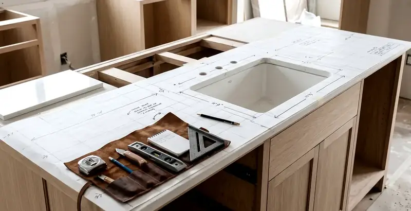 Illustrative: kitchen remodel rough-in with open studs and mechanical stub-outs — illustrative only, not a real Board of Project Stewardship job photo