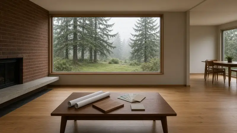 Illustrative: Mountlake Terrace, Washington — a mid-century living room staged with blank remodel drawings and material samples, rain on the picture window — not a real Board of Project Stewardship job photo