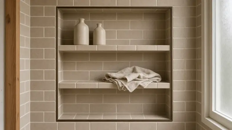 Illustrative: Lake Forest Park, Washington — a tiled shower niche with linen and ceramic bottles, soft morning light — not a real Board of Project Stewardship job photo