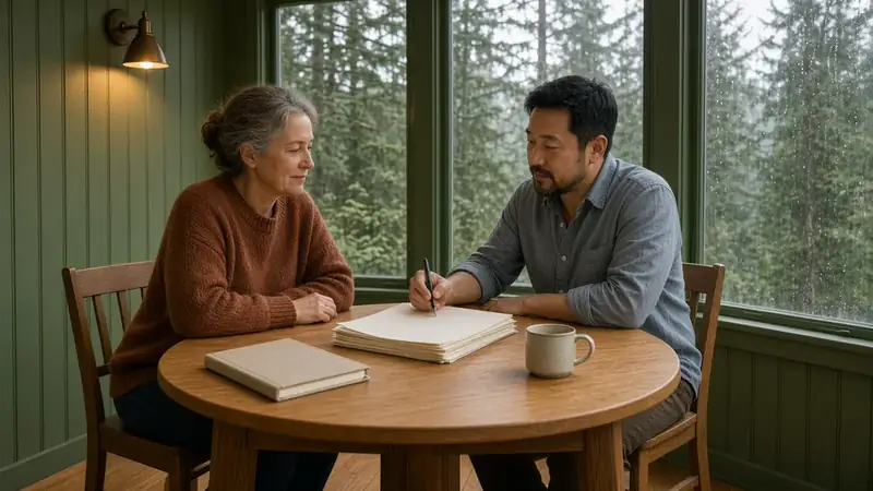 Illustrative: Redmond, Washington — a homeowner and remodeler review a contract in a rain-streaked sunroom — not a real Board of Project Stewardship job photo
