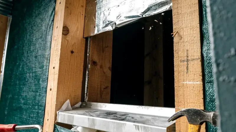 Illustrative: window flashing and rough-opening preparation during a Pacific Northwest remodel — illustrative only, not a real Board of Project Stewardship job photo