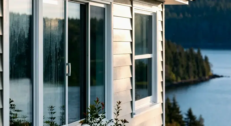 Illustrative: finished residential window elevation after replacement in a Pacific Northwest setting — illustrative only, not a real Board of Project Stewardship job photo