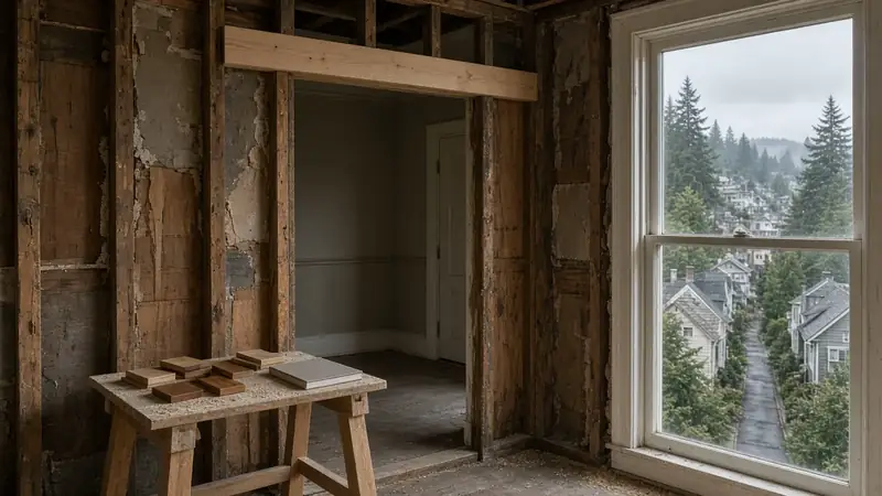 Illustrative: Queen Anne, Seattle — old-growth framing meeting new lumber inside a steep-lot Craftsman during a remodeler walk-through — not a real Board of Project Stewardship job photo