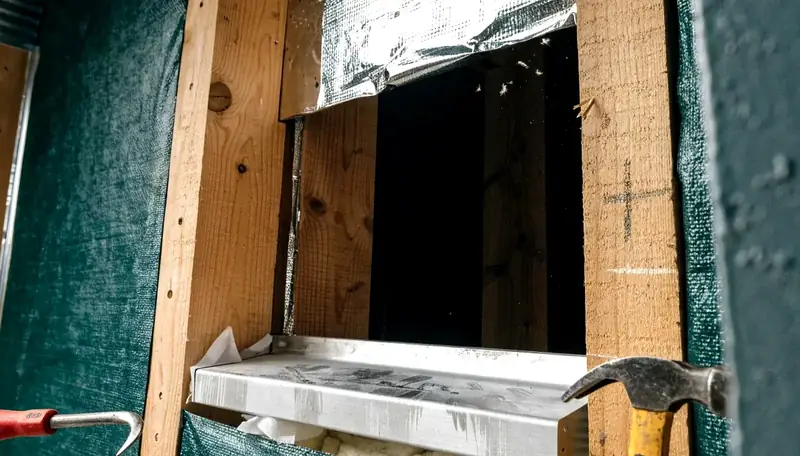 Illustrative: window opening and exterior trim coordination during a Pacific Northwest replacement sequence — illustrative only, not a real Board of Project Stewardship job photo