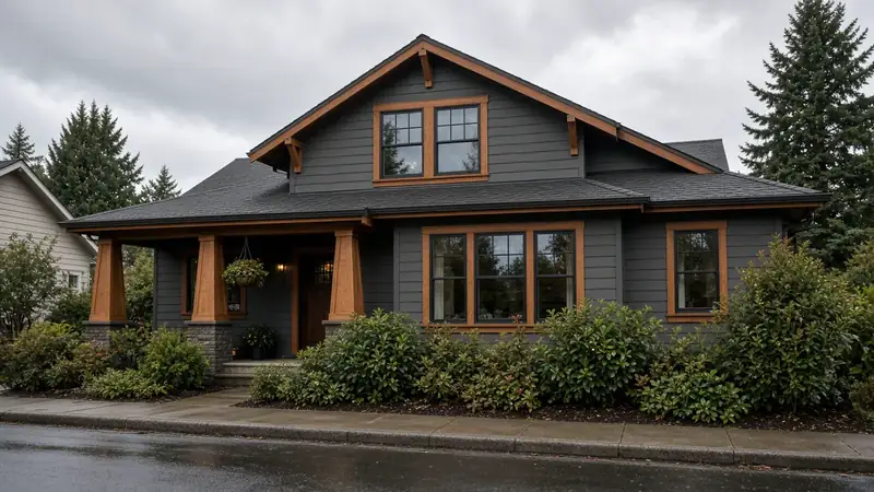 Illustrative: image of a Mill Creek craftsman house with replacement windows, cedar trim, and rain-dark siding — not a real Board of Project Stewardship job photo