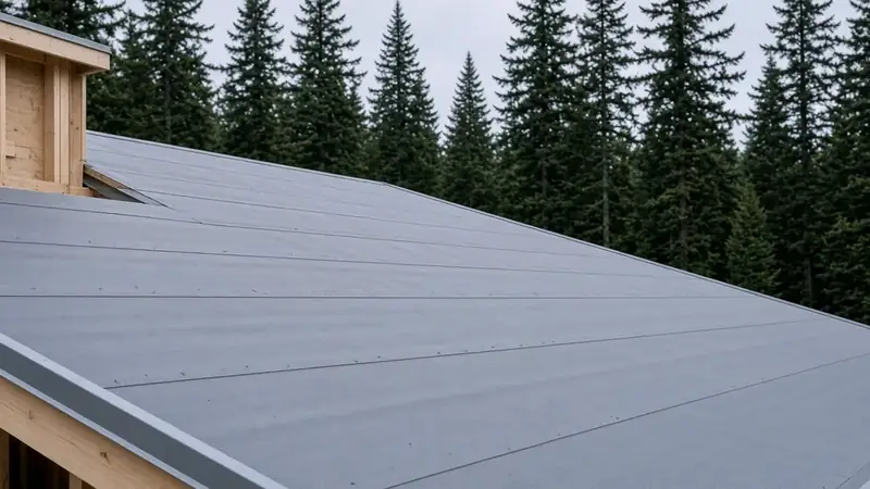 Illustrative: roof deck covered in synthetic underlayment with drip edge at the eave, tall evergreens behind — illustrative only, not a real Board of Project Stewardship job photo