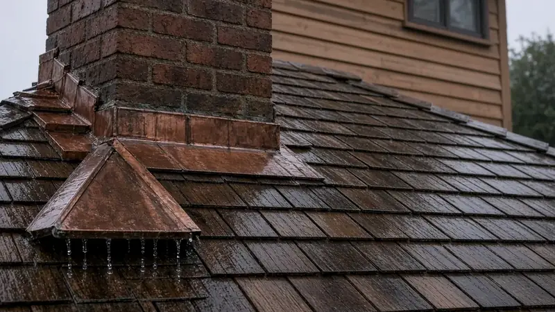Illustrative: brick chimney with a metal cricket and flashing on a rain-wet roof — illustrative only, not a real Board of Project Stewardship job photo