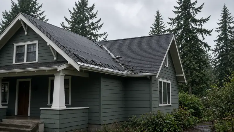 Illustrative: image of a Ballard craftsman bungalow mid roof replacement, with underlayment and a metal drip edge under an overcast sky — not a real Board of Project Stewardship job photo