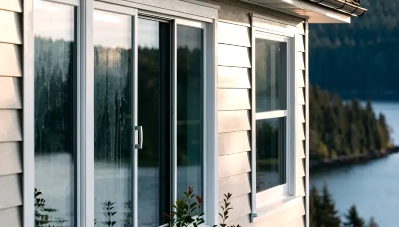 Illustrative: close-up of new window units set into lap siding on a rain-wet house with evergreens and open water behind — illustrative only, not a real Board of Project Stewardship job photo