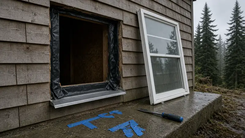 Illustrative: window replacement in progress on a mid-century Shoreline rambler, with flashing membrane on the rough opening and a new unit staged against lap siding under an overcast sky — not a real Board of Project Stewardship job photo