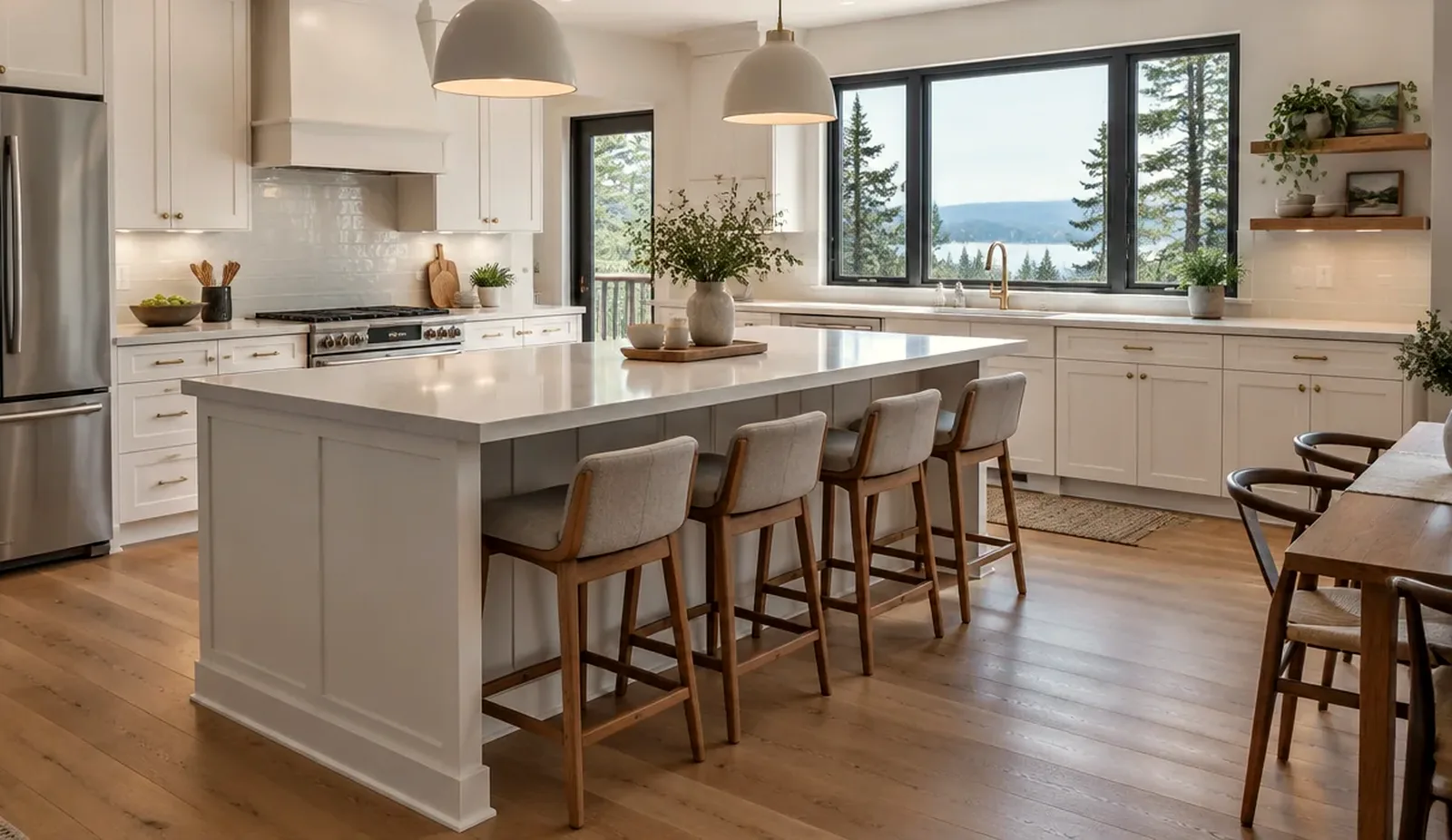 Illustrative: finished kitchen with white shaker cabinets, a vented hood over the range, a large island, and lake and evergreen views through wide windows — illustrative only, not a real Board of Project Stewardship job photo