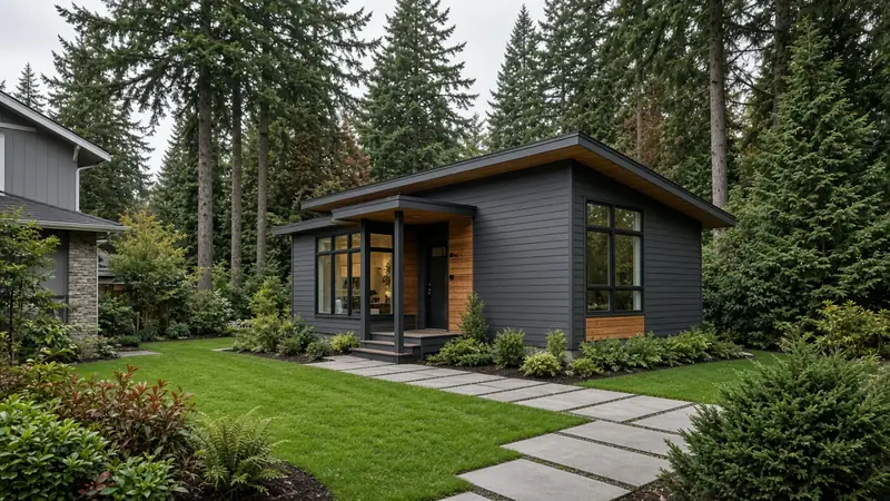 Illustrative: Bellevue backyard accessory dwelling unit with dark horizontal siding, a wood soffit, black-framed windows, and a paver path through the lawn among tall evergreens — not a real Board of Project Stewardship job photo