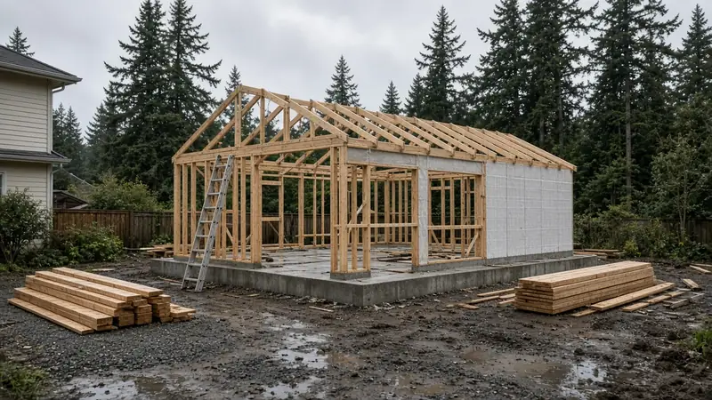 Illustrative: Bellevue accessory dwelling unit at the framing stage, with roof trusses, open stud walls on a concrete slab, and lumber staged beside the muddy lot — not a real Board of Project Stewardship job photo